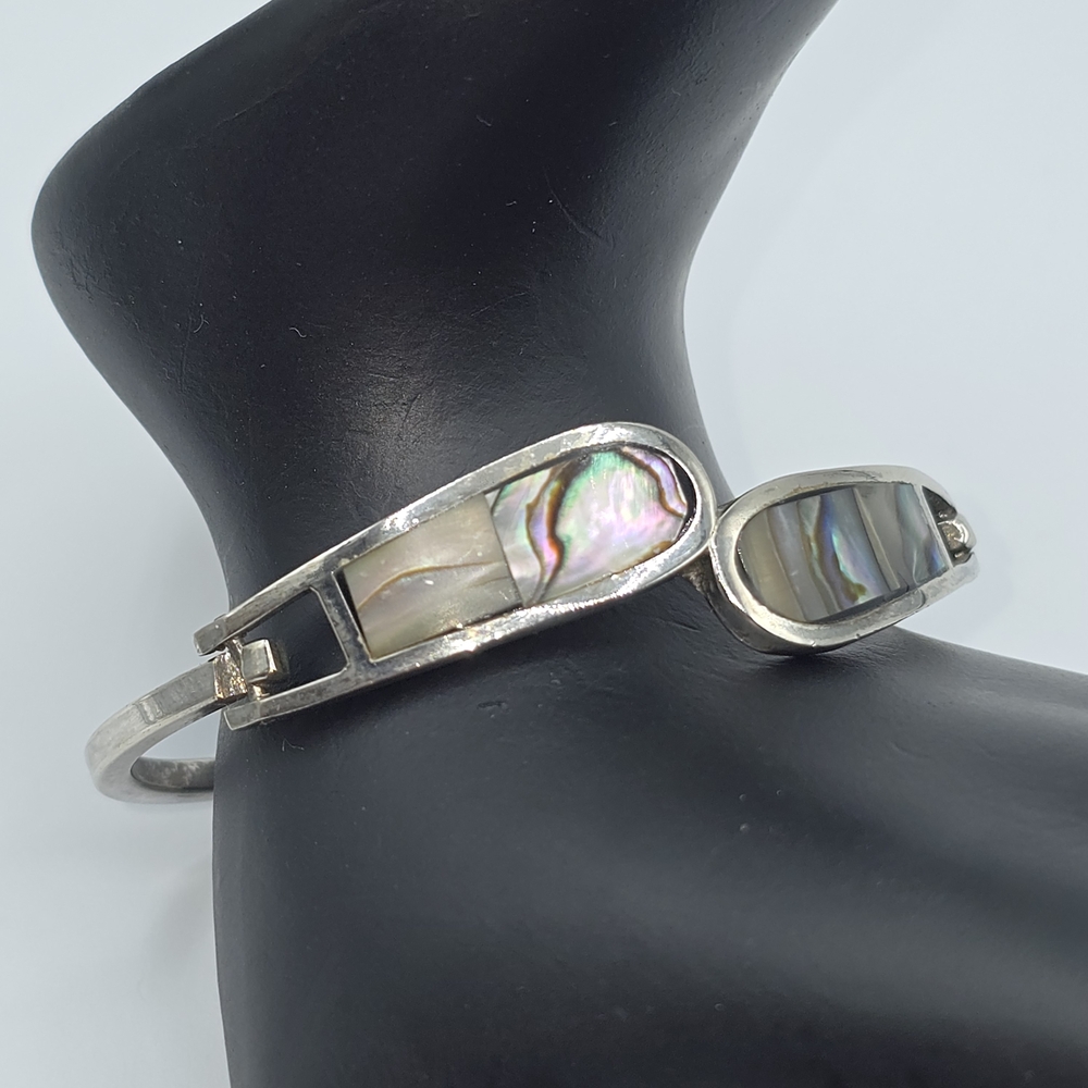Taxco Mexico Abalone Inlay Hinged Bangle Bracelet Silver Tone, 6-1/2" - Picture 2 of 10